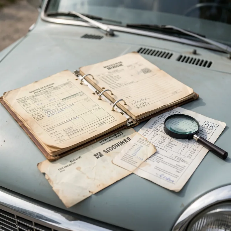 Classeur de factures, carnet d&rsquo;entretien et anciennes cartes grises étalés sur le capot d&rsquo;une automobile ancienne
