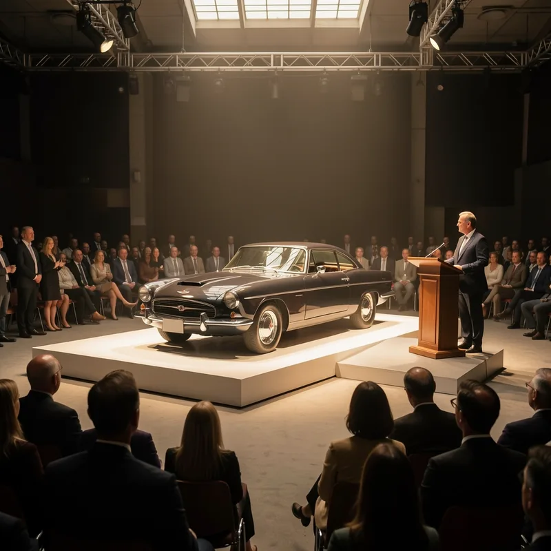 Salle de vente aux enchères d&rsquo;automobiles anciennes avec un coupé classique sur le podium