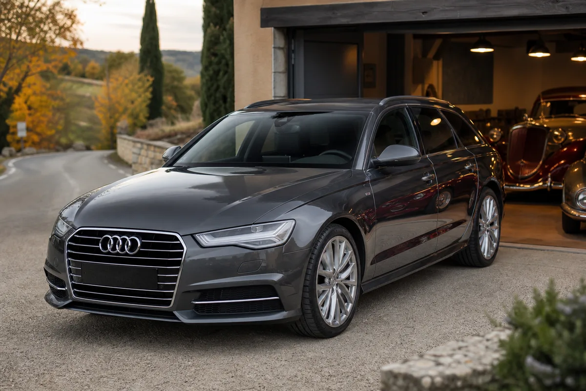 Audi A6 C7 Avant grise vue de trois quarts avant sur route de campagne