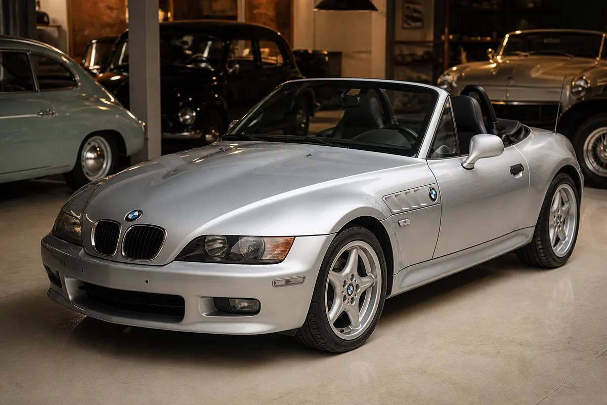Roadster BMW Z3 gris argent capote ouverte photographié de trois quarts avant
