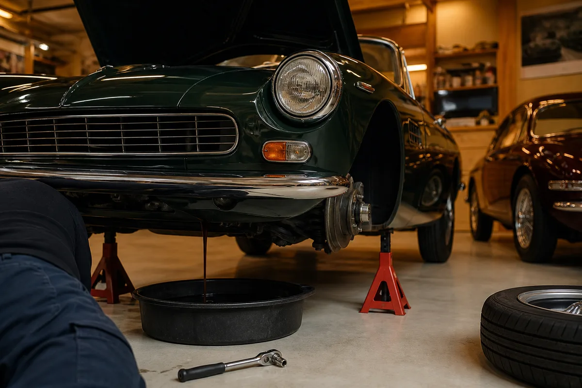 Vidange d&rsquo;huile moteur sur une voiture ancienne posée sur des chandelles