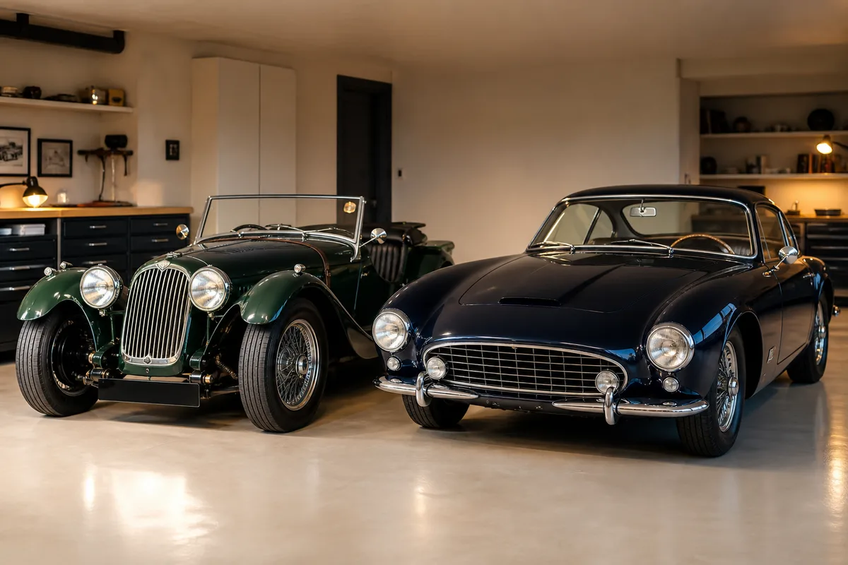 Roadster ancien garé devant un hangar, capot ouvert, outils posés sur un établi en arrière-plan