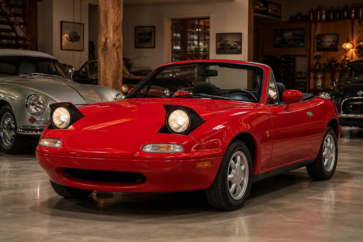 Roadster Mazda MX-5 de première génération rouge avec phares escamotables ouverts