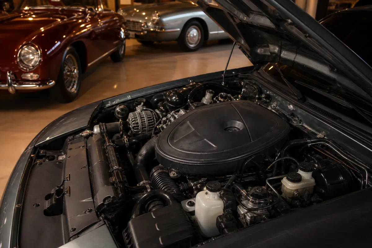 Compartiment moteur rotatif de coupé Mazda avec durites et cache noir