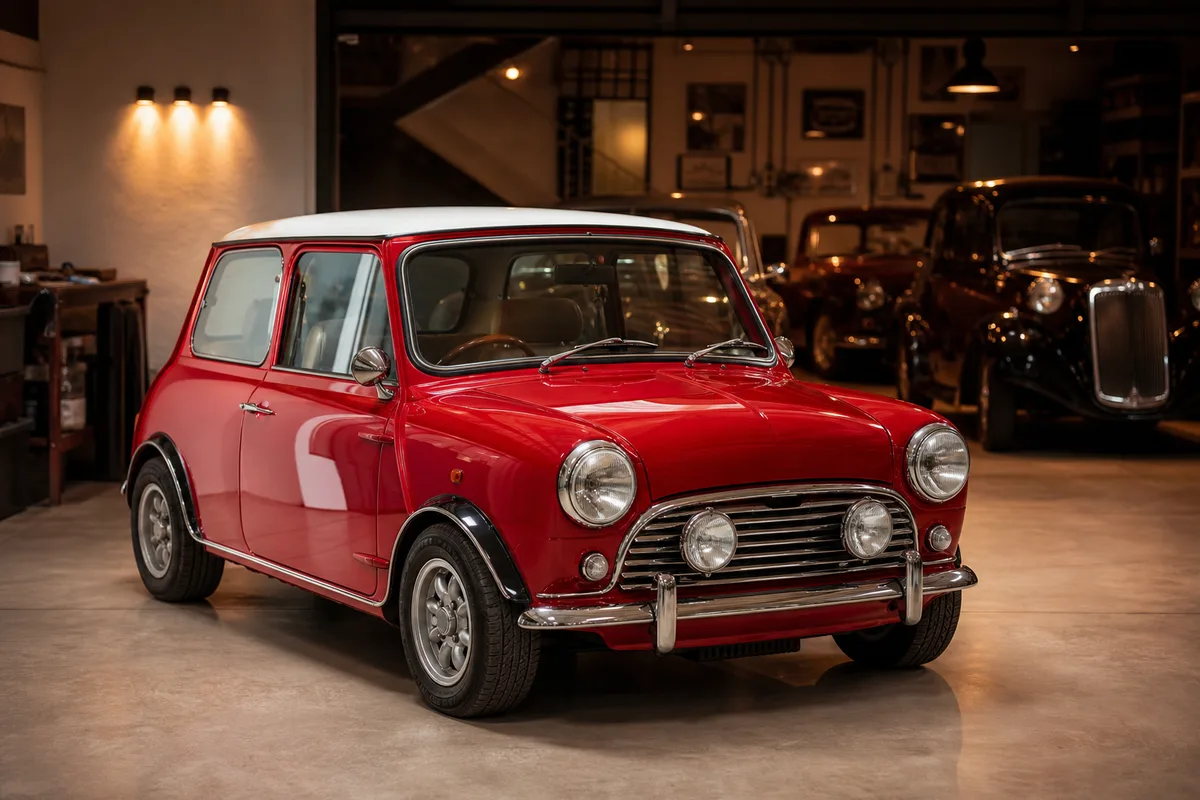 Mini Cooper S rouge à toit blanc photographiée de trois quarts avant