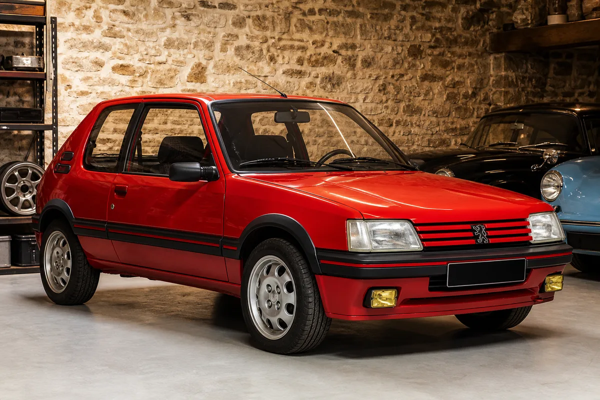 Peugeot 205 GTI rouge garée devant un mur de pierre