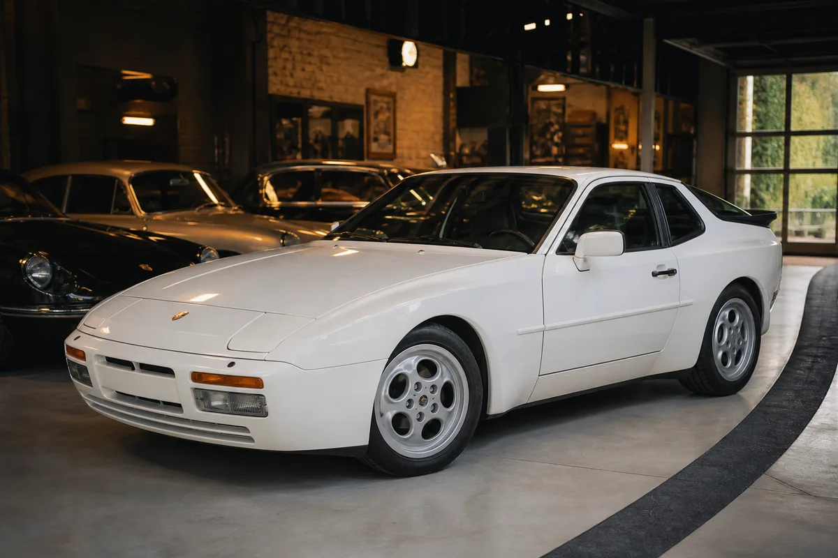 Porsche 944 blanche vue de trois quarts avant sur une route sinueuse