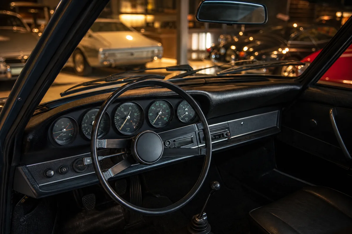 Intérieur de Porsche ancienne avec cinq cadrans ronds et volant à trois branches